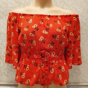 Chic Red Floral Off-Shoulder Peplum Corset Blouse